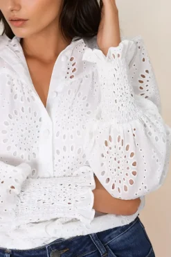 Benton Blouse - Hollow Out Embroidered Button Down Shirt in White><noscript><img width=