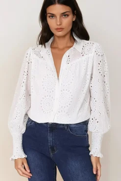 Benton Blouse - Hollow Out Embroidered Button Down Shirt in White><noscript><img width=