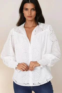 Benton Blouse - Hollow Out Embroidered Button Down Shirt in White><noscript><img width=