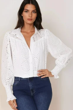 Benton Blouse - Hollow Out Embroidered Button Down Shirt in White><noscript><img width=