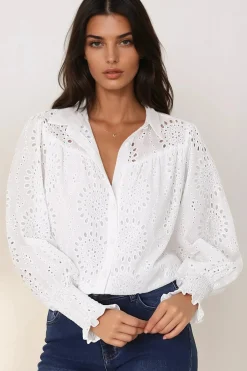 Benton Blouse - Hollow Out Embroidered Button Down Shirt in White><noscript><img width=