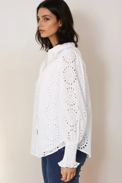 Benton Blouse - Hollow Out Embroidered Button Down Shirt in White><noscript><img width=