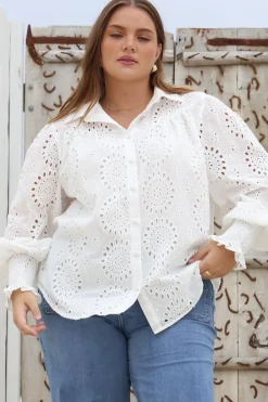 Benton Blouse - Hollow Out Embroidered Button Down Shirt in White><noscript><img width=