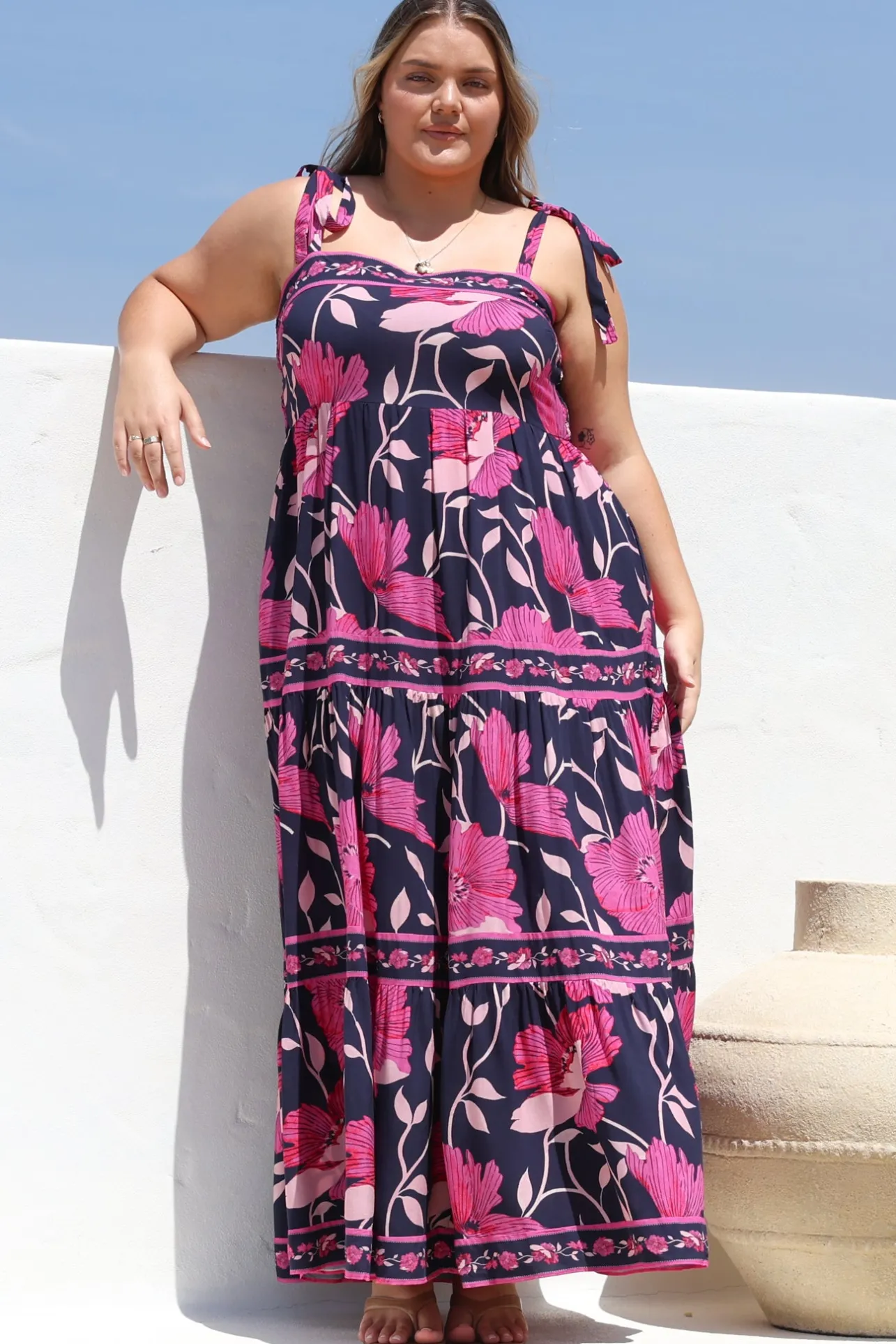 Berta Maxi Dress - Square Neckline Tie Strap Tiered Sun Dress in Ambi Print>Salty Crush