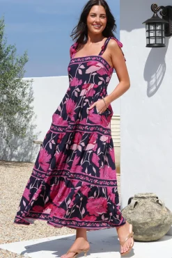 Berta Maxi Dress - Square Neckline Tie Strap Tiered Sun Dress in Ambi Print><noscript><img width=