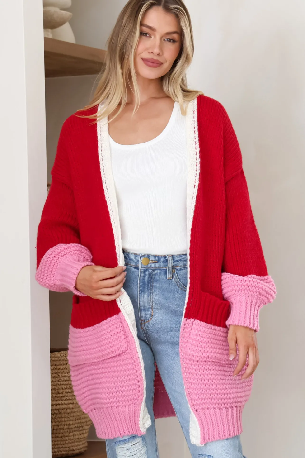 Bessie Cardigan - Color Block Open Knit in Red>Salty Crush New