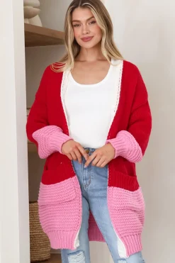 Bessie Cardigan - Color Block Open Knit in Red><noscript><img width=