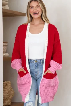Bessie Cardigan - Color Block Open Knit in Red><noscript><img width=