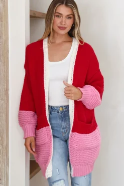 Bessie Cardigan - Color Block Open Knit in Red><noscript><img width=