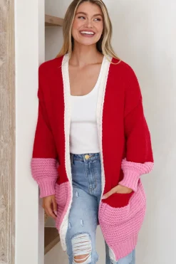 Bessie Cardigan - Color Block Open Knit in Red><noscript><img width=