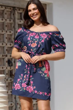 Betina Mini Dress - Scallop Trim Neckline Dress with Waist Tie in Nery Print Navy>Salty Crush Discount
