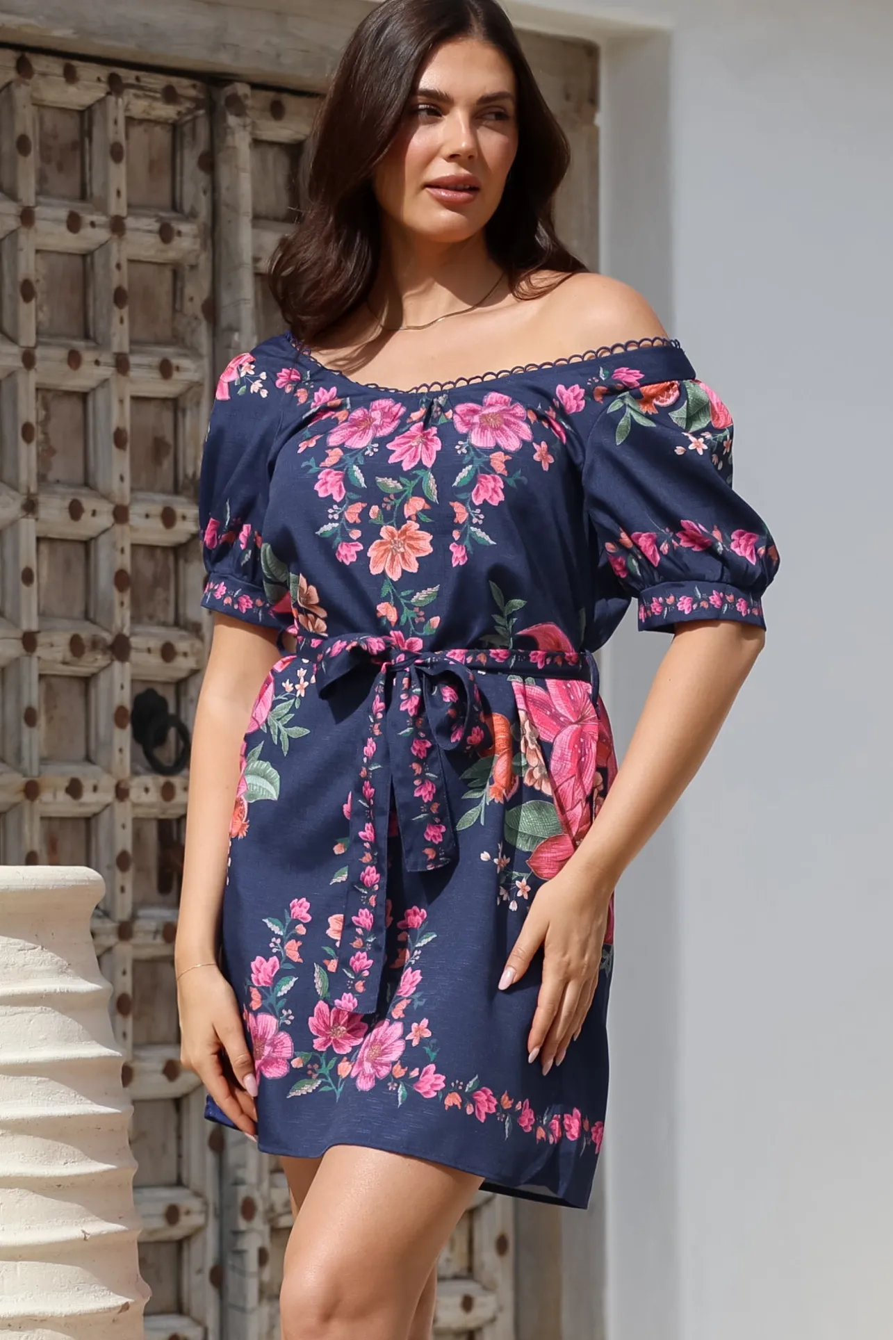 Betina Mini Dress - Scallop Trim Neckline Dress with Waist Tie in Nery Print Navy>Salty Crush Discount