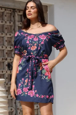 Betina Mini Dress - Scallop Trim Neckline Dress with Waist Tie in Nery Print Navy><noscript><img width=