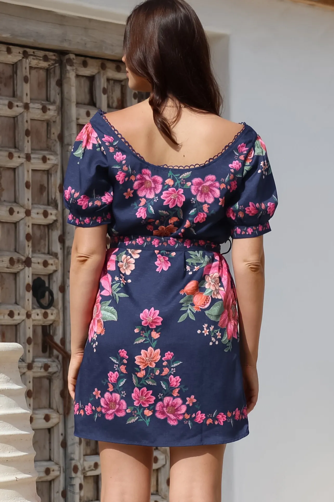 Betina Mini Dress - Scallop Trim Neckline Dress with Waist Tie in Nery Print Navy>Salty Crush Discount