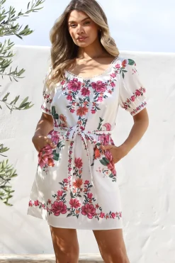 Betina Mini Dress - Scallop Trim Neckline Dress with Waist Tie in Nery Print White>Salty Crush Clearance