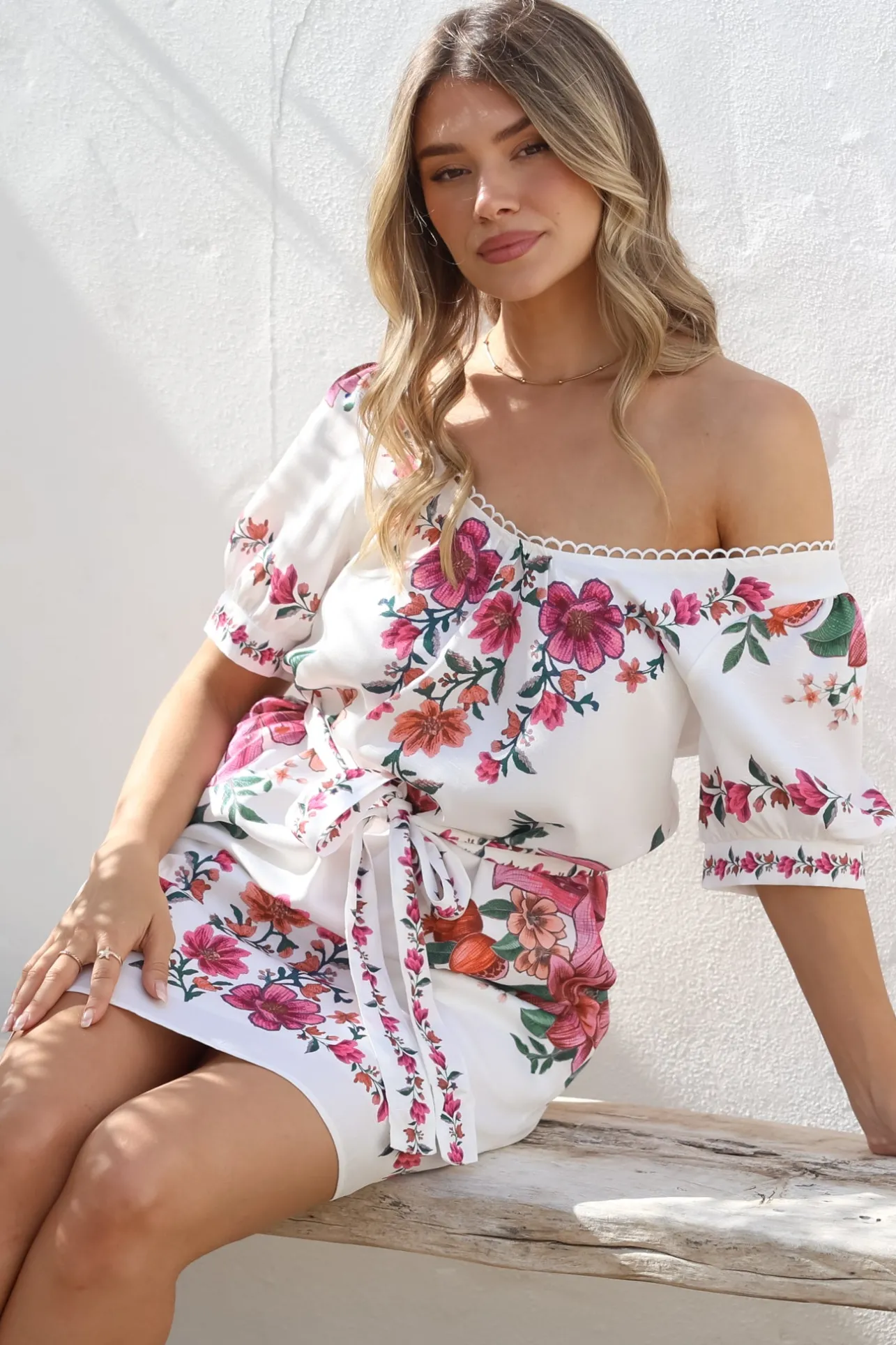 Betina Mini Dress - Scallop Trim Neckline Dress with Waist Tie in Nery Print White>Salty Crush Clearance