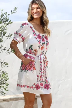 Betina Mini Dress - Scallop Trim Neckline Dress with Waist Tie in Nery Print White><noscript><img width=