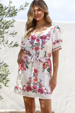 Betina Mini Dress - Scallop Trim Neckline Dress with Waist Tie in Nery Print White><noscript><img width=