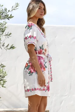 Betina Mini Dress - Scallop Trim Neckline Dress with Waist Tie in Nery Print White><noscript><img width=