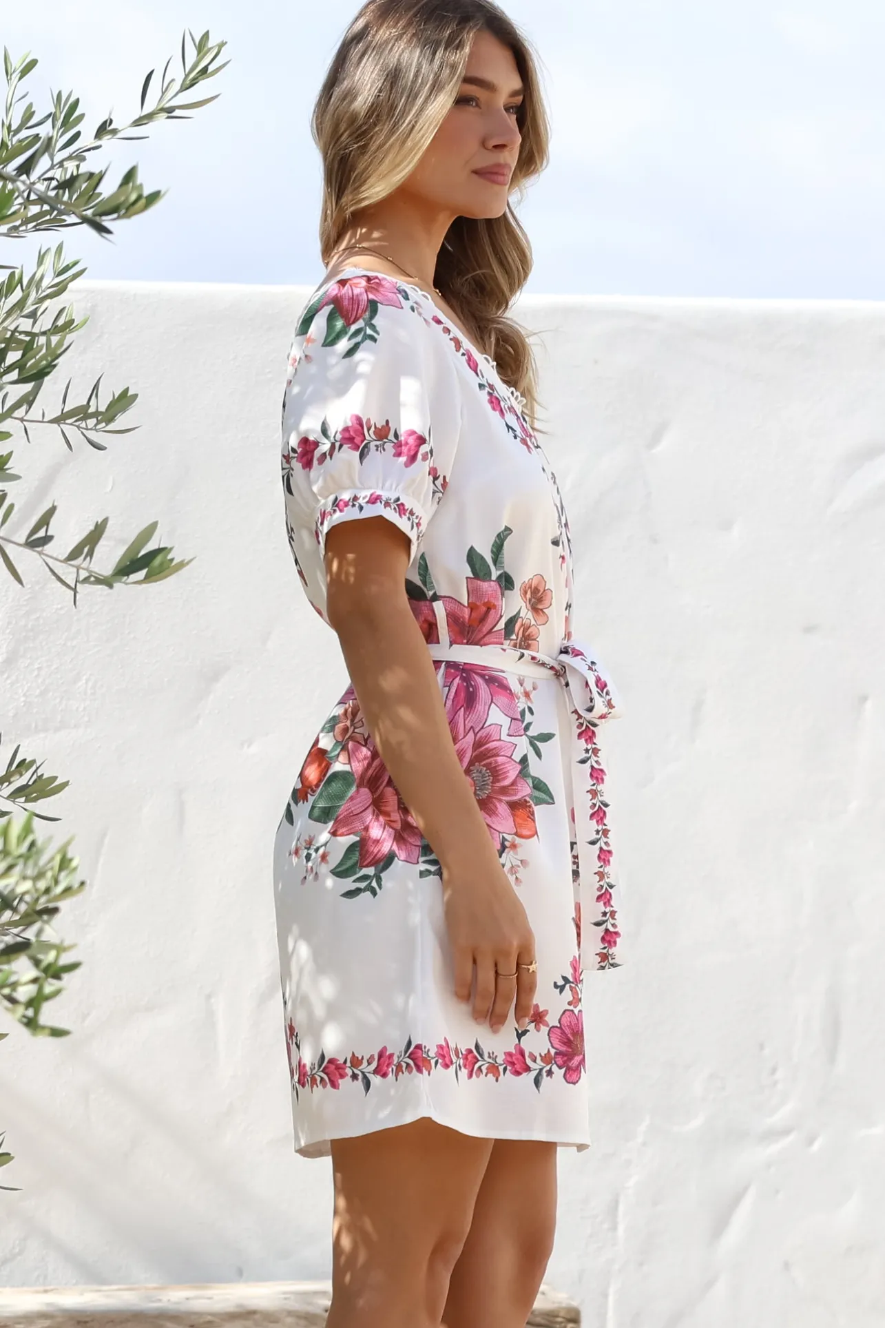 Betina Mini Dress - Scallop Trim Neckline Dress with Waist Tie in Nery Print White>Salty Crush Clearance