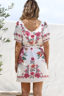 Betina Mini Dress - Scallop Trim Neckline Dress with Waist Tie in Nery Print White><noscript><img width=