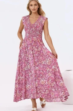 Bindy Midi Dress - V-Neck Elasticated Bodice Frill Cap Sleeve Dress in Doralee Print>Salty Crush Best