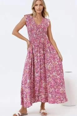 Bindy Midi Dress - V-Neck Elasticated Bodice Frill Cap Sleeve Dress in Doralee Print><noscript><img width=