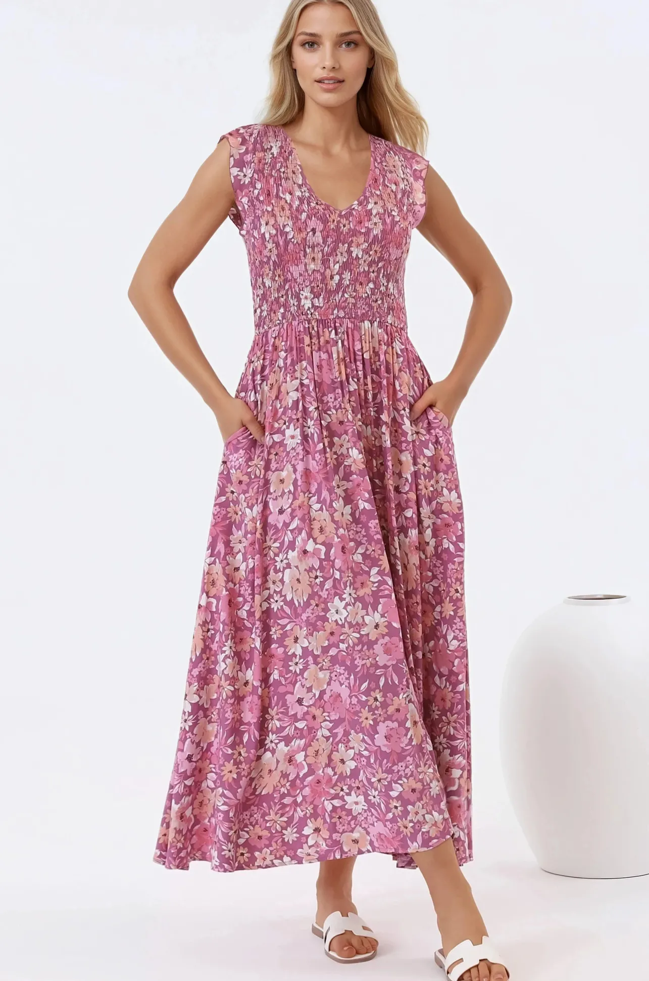 Bindy Midi Dress - V-Neck Elasticated Bodice Frill Cap Sleeve Dress in Doralee Print>Salty Crush Best