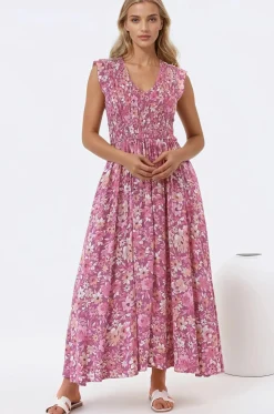 Bindy Midi Dress - V-Neck Elasticated Bodice Frill Cap Sleeve Dress in Doralee Print><noscript><img width=