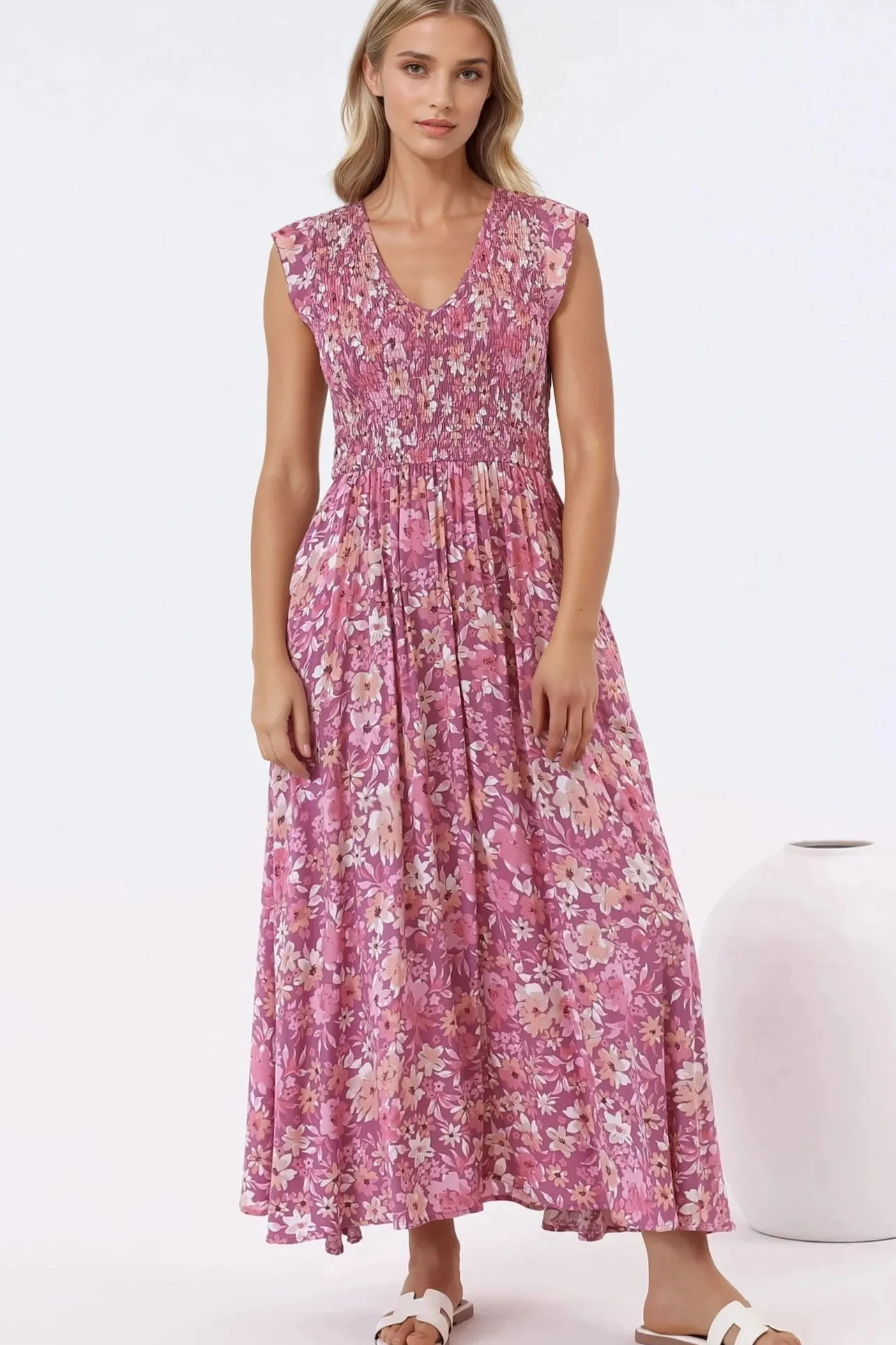 Bindy Midi Dress - V-Neck Elasticated Bodice Frill Cap Sleeve Dress in Doralee Print>Salty Crush Best