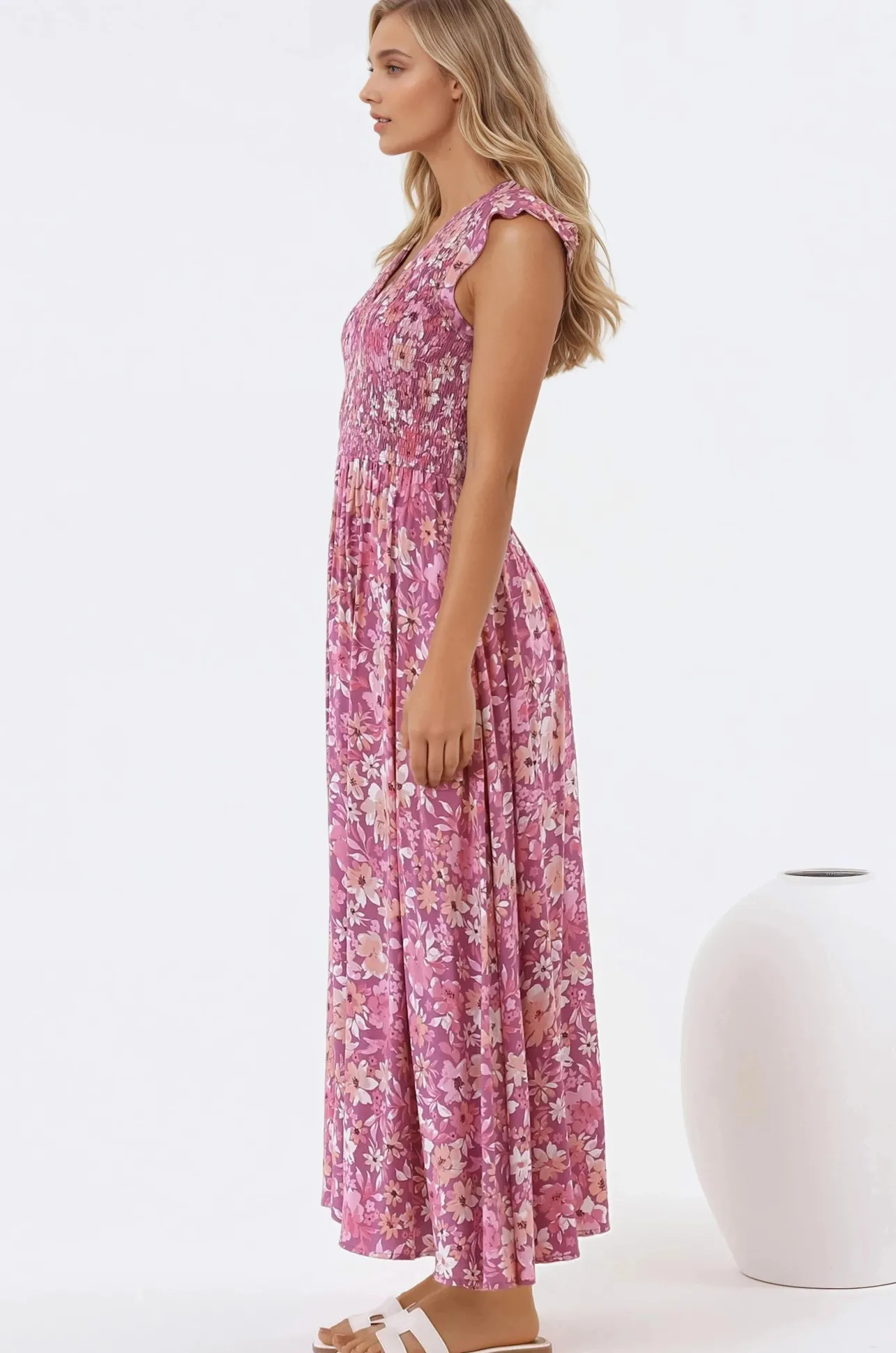 Bindy Midi Dress - V-Neck Elasticated Bodice Frill Cap Sleeve Dress in Doralee Print>Salty Crush Best