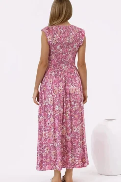 Bindy Midi Dress - V-Neck Elasticated Bodice Frill Cap Sleeve Dress in Doralee Print><noscript><img width=