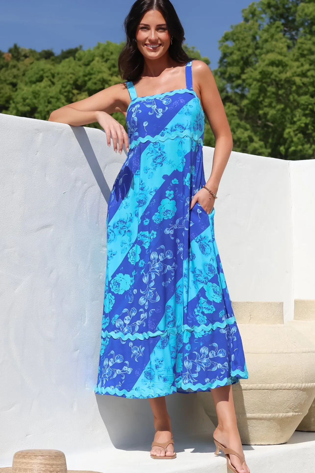 Bionda Midi Dress - Ric Rac Spliced Sun Dress with Adjustable Straps in Clavelle Print Blue>Salty Crush Clearance