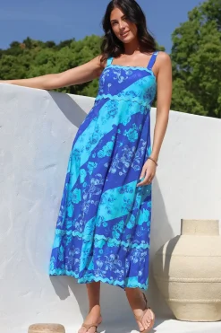 Bionda Midi Dress - Ric Rac Spliced Sun Dress with Adjustable Straps in Clavelle Print Blue>Salty Crush Clearance
