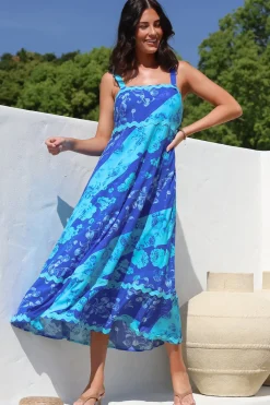 Bionda Midi Dress - Ric Rac Spliced Sun Dress with Adjustable Straps in Clavelle Print Blue><noscript><img width=