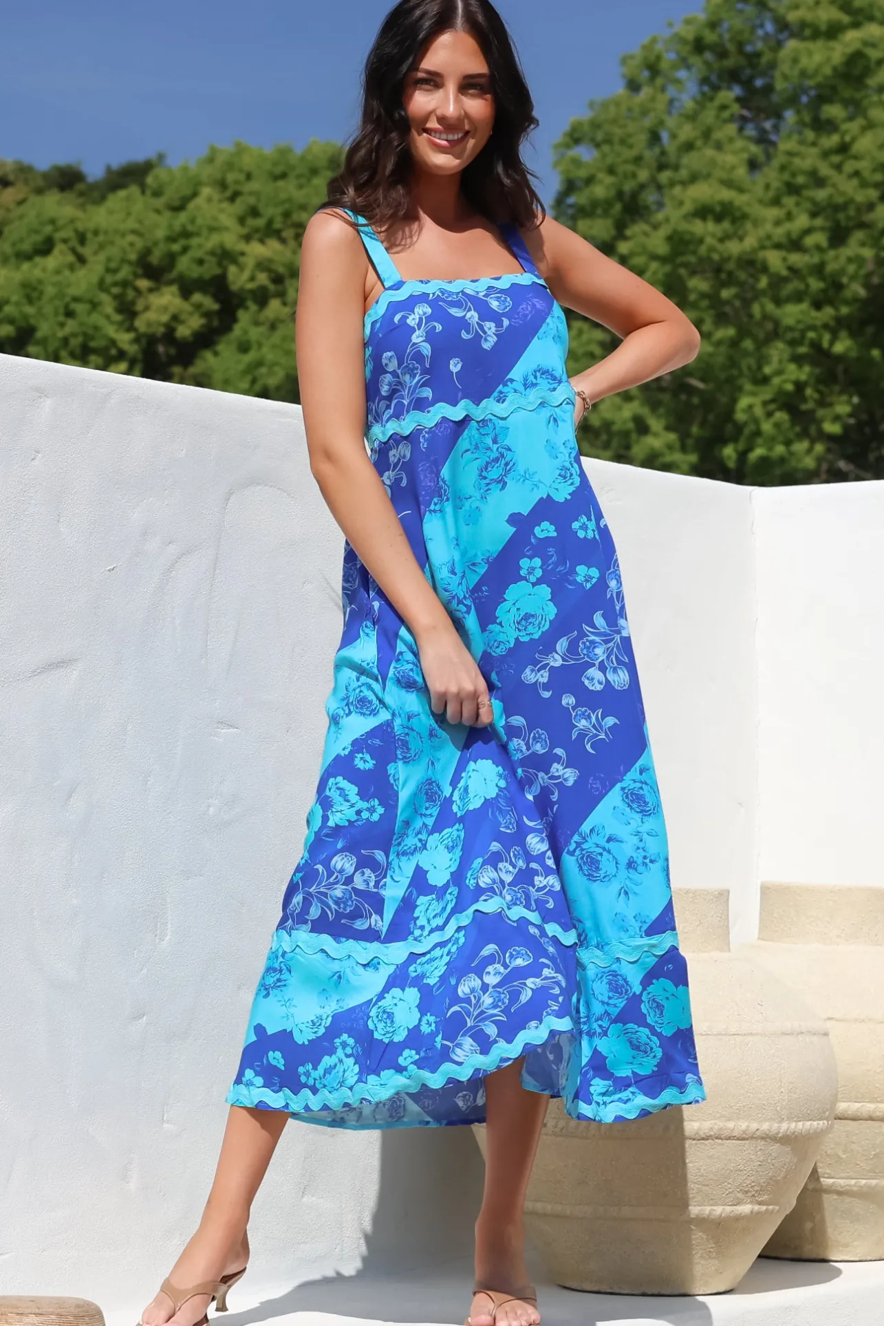 Bionda Midi Dress - Ric Rac Spliced Sun Dress with Adjustable Straps in Clavelle Print Blue>Salty Crush Clearance