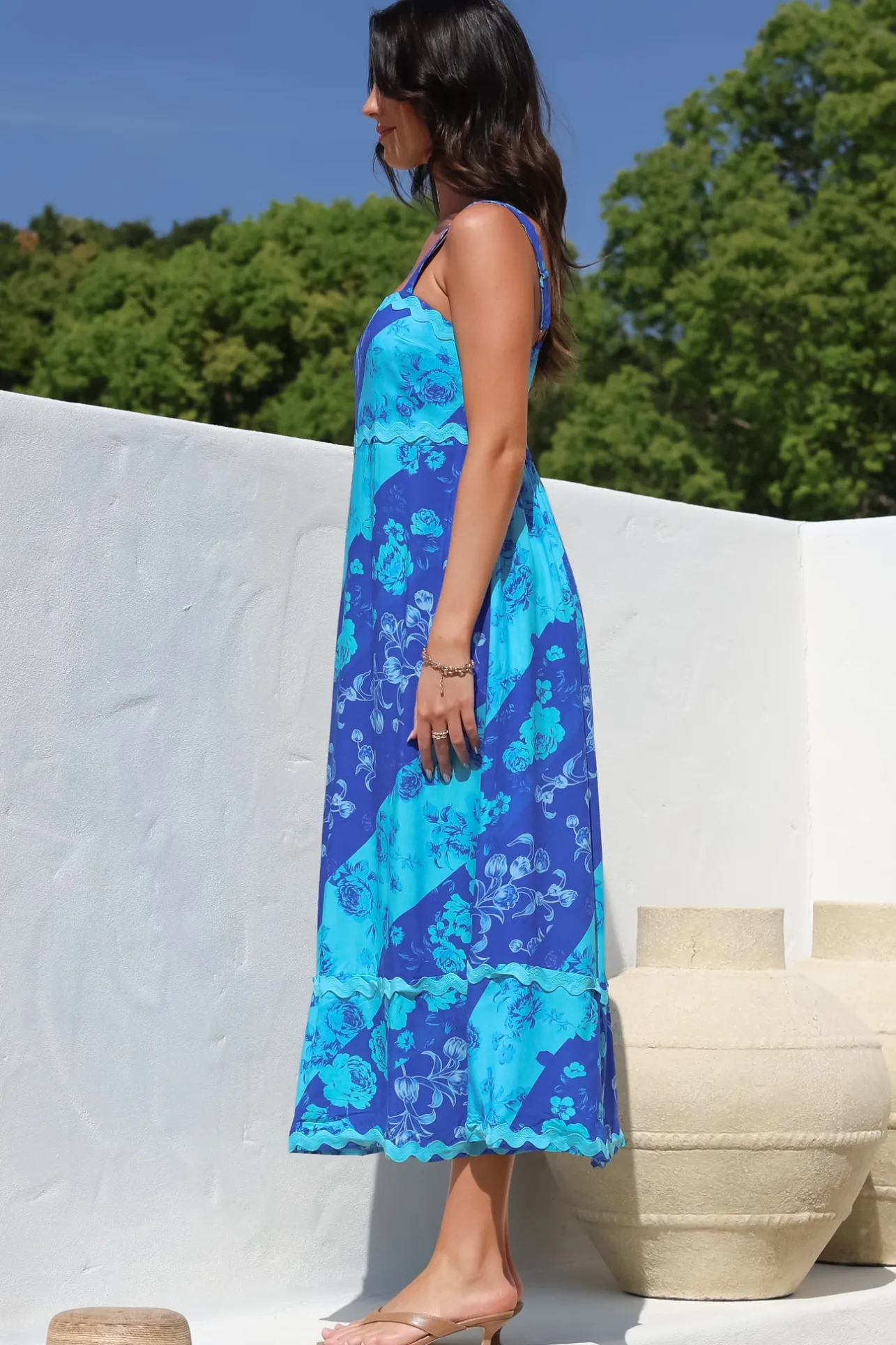 Bionda Midi Dress - Ric Rac Spliced Sun Dress with Adjustable Straps in Clavelle Print Blue>Salty Crush Clearance