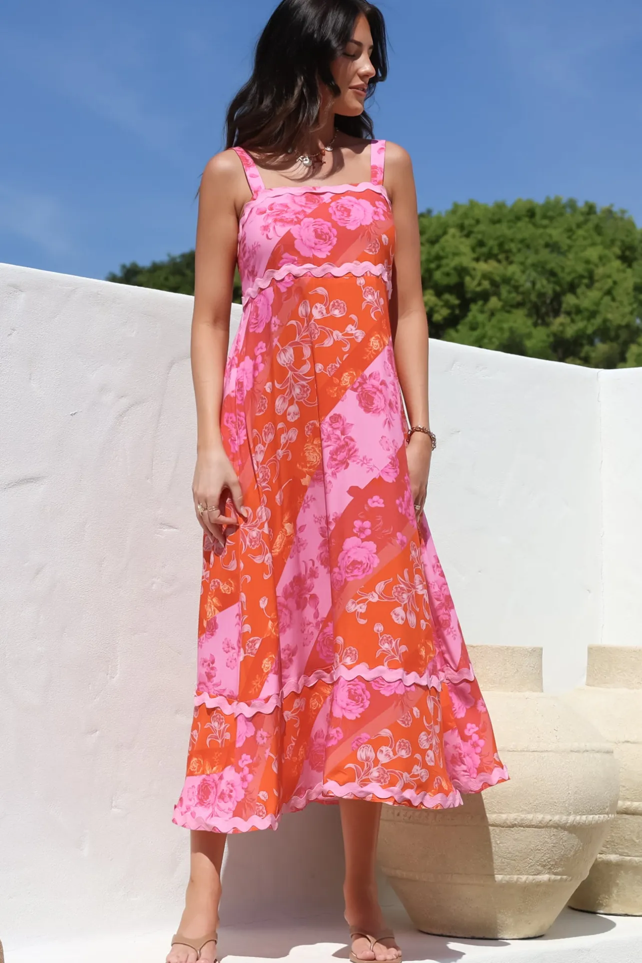 Bionda Midi Dress - Ric Rac Spliced Sun Dress with Adjustable Straps in Clavelle Print Pink>Salty Crush Sale