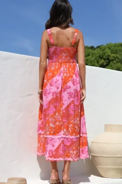 Bionda Midi Dress - Ric Rac Spliced Sun Dress with Adjustable Straps in Clavelle Print Pink><noscript><img width=