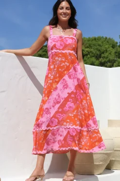 Bionda Midi Dress - Ric Rac Spliced Sun Dress with Adjustable Straps in Clavelle Print Pink><noscript><img width=