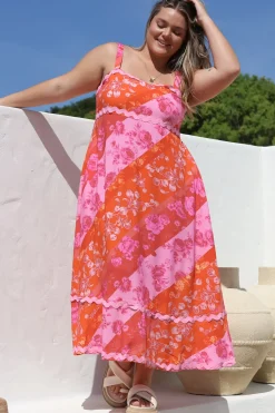 Bionda Midi Dress - Ric Rac Spliced Sun Dress with Adjustable Straps in Clavelle Print Pink><noscript><img width=