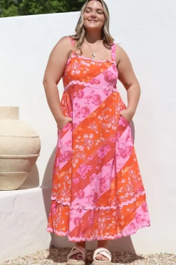 Bionda Midi Dress - Ric Rac Spliced Sun Dress with Adjustable Straps in Clavelle Print Pink><noscript><img width=