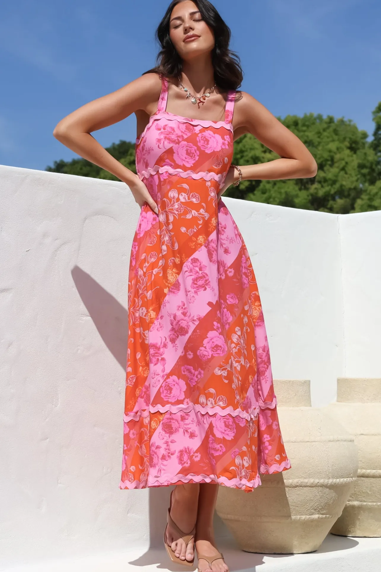 Bionda Midi Dress - Ric Rac Spliced Sun Dress with Adjustable Straps in Clavelle Print Pink>Salty Crush Sale