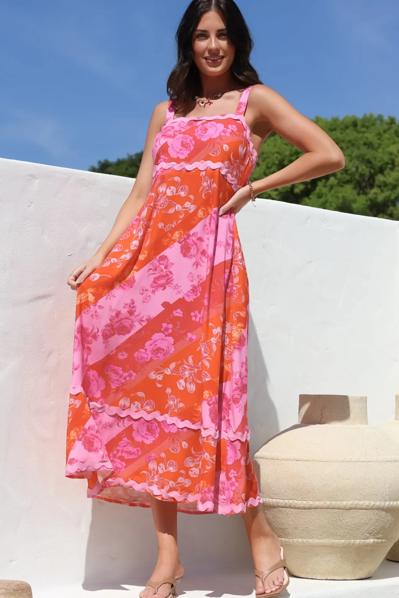 Bionda Midi Dress - Ric Rac Spliced Sun Dress with Adjustable Straps in Clavelle Print Pink>Salty Crush Sale