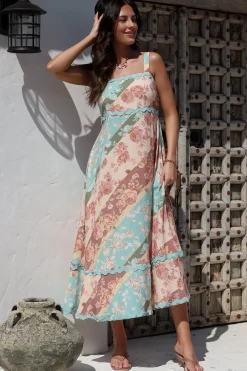 Bionda Midi Dress - Ric Rac Spliced Sun Dress with Adjustable Straps in Clavelle Print><noscript><img width=
