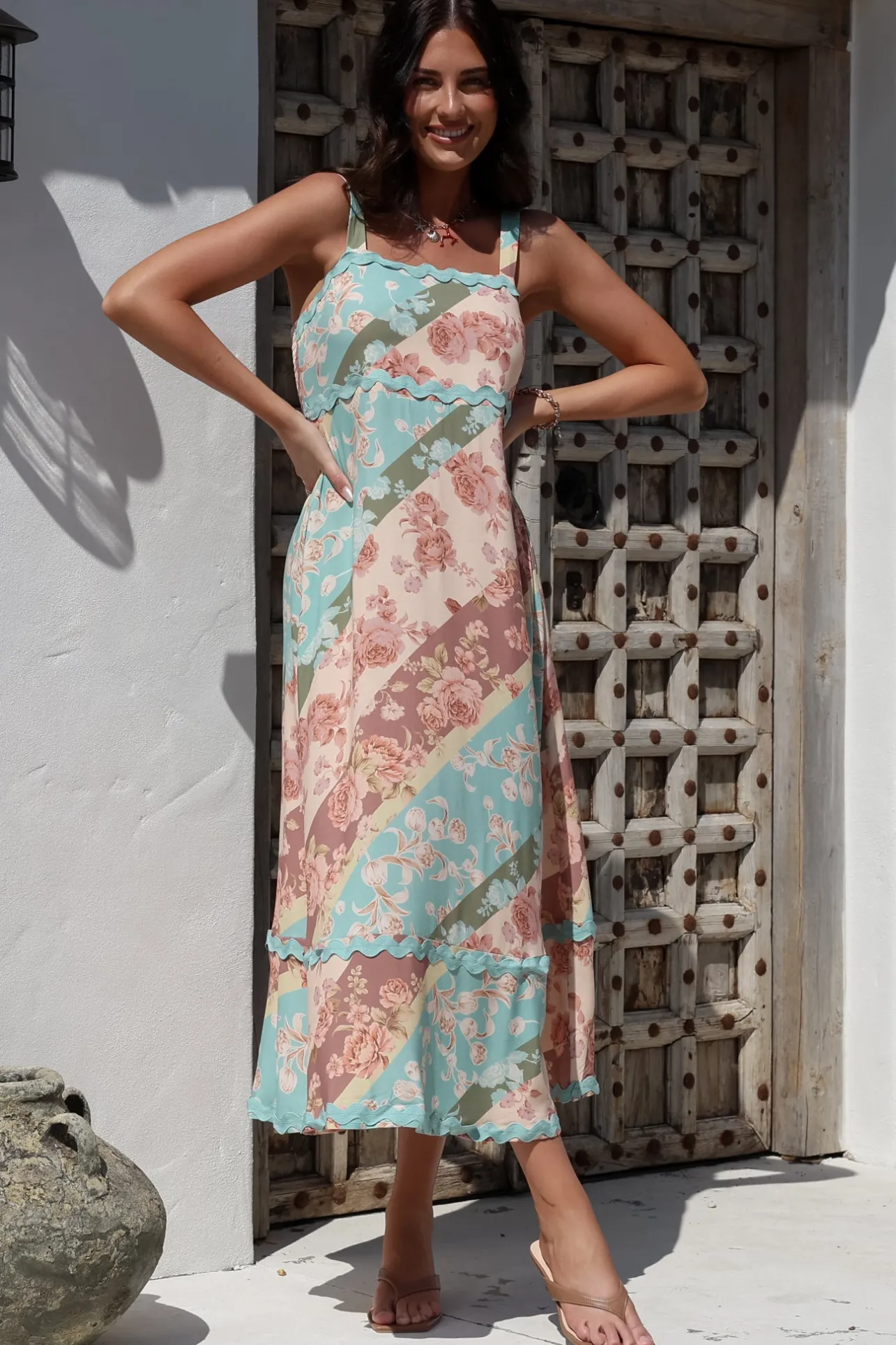 Bionda Midi Dress - Ric Rac Spliced Sun Dress with Adjustable Straps in Clavelle Print>Salty Crush Online