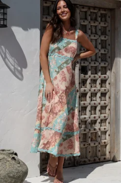 Bionda Midi Dress - Ric Rac Spliced Sun Dress with Adjustable Straps in Clavelle Print><noscript><img width=