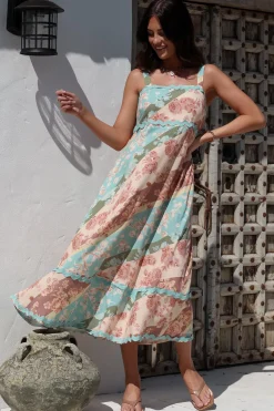 Bionda Midi Dress - Ric Rac Spliced Sun Dress with Adjustable Straps in Clavelle Print><noscript><img width=
