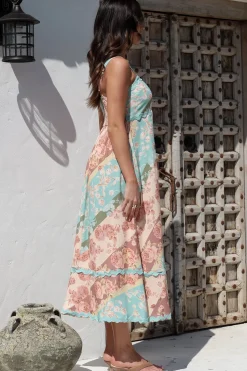Bionda Midi Dress - Ric Rac Spliced Sun Dress with Adjustable Straps in Clavelle Print><noscript><img width=