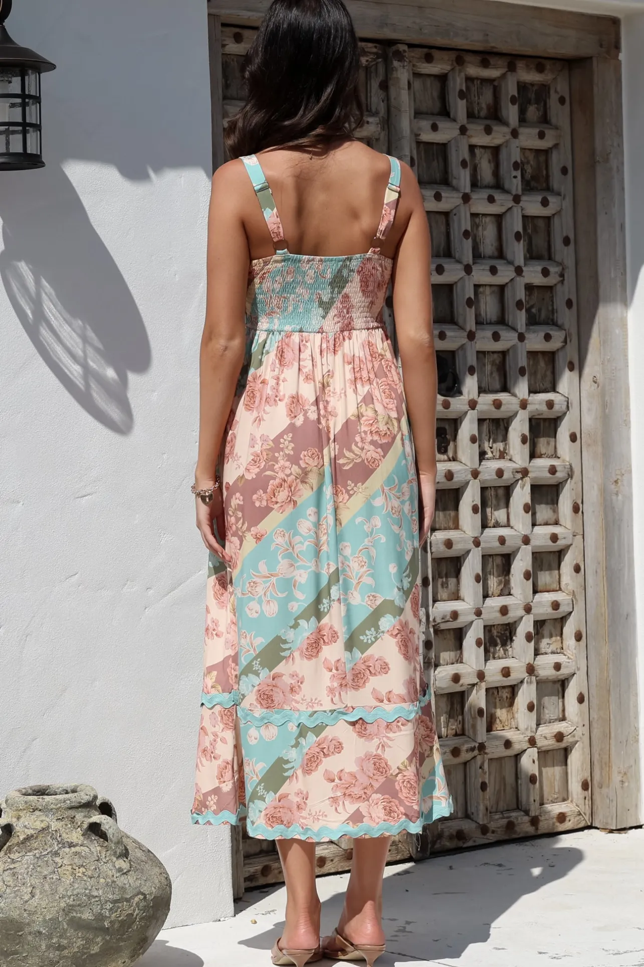 Bionda Midi Dress - Ric Rac Spliced Sun Dress with Adjustable Straps in Clavelle Print>Salty Crush Online